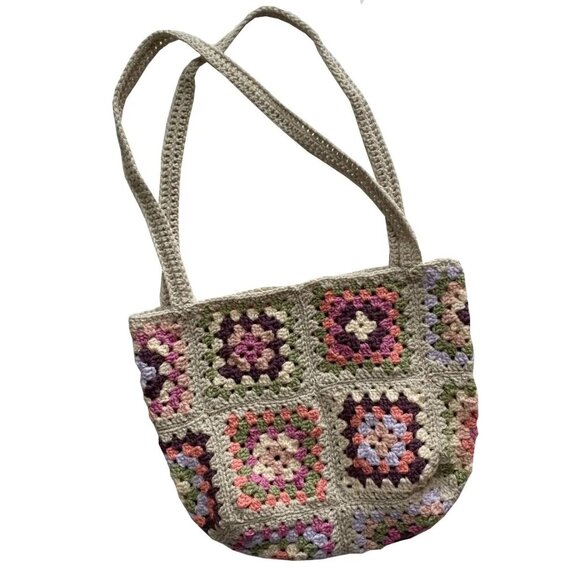Handmade Granny Square Crocheted Purse Market Bag Grey Purple Pink Green - Picture 1 of 4